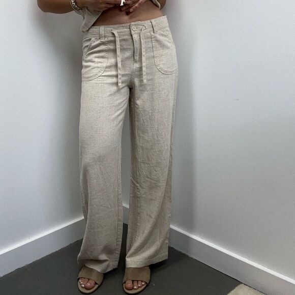 H&M Beige Linen Blend 2 Piece Pant Set Ruche Tie Front Top Wide Leg Size XS/S - Picture 3 of 15
